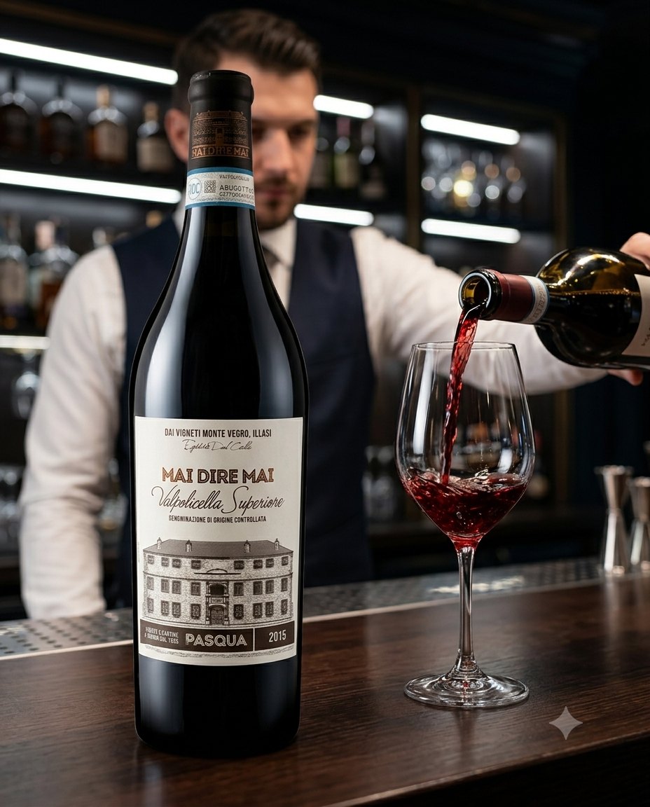 Sommelier rót vang Mai Dire Mai Valpolicella Superiore 2015 tại quầy bar