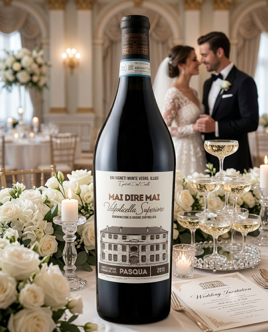 Mai Dire Mai Valpolicella Superiore 2015 trên bàn tiệc cưới sang trọng