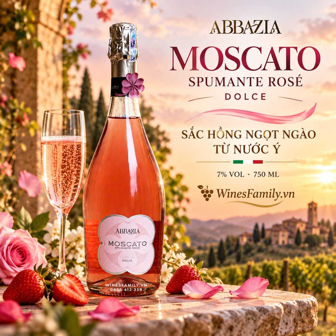Abbazia Moscato Spumante Rosé Dolce – sắc hồng ngọt ngào từ nước Ý