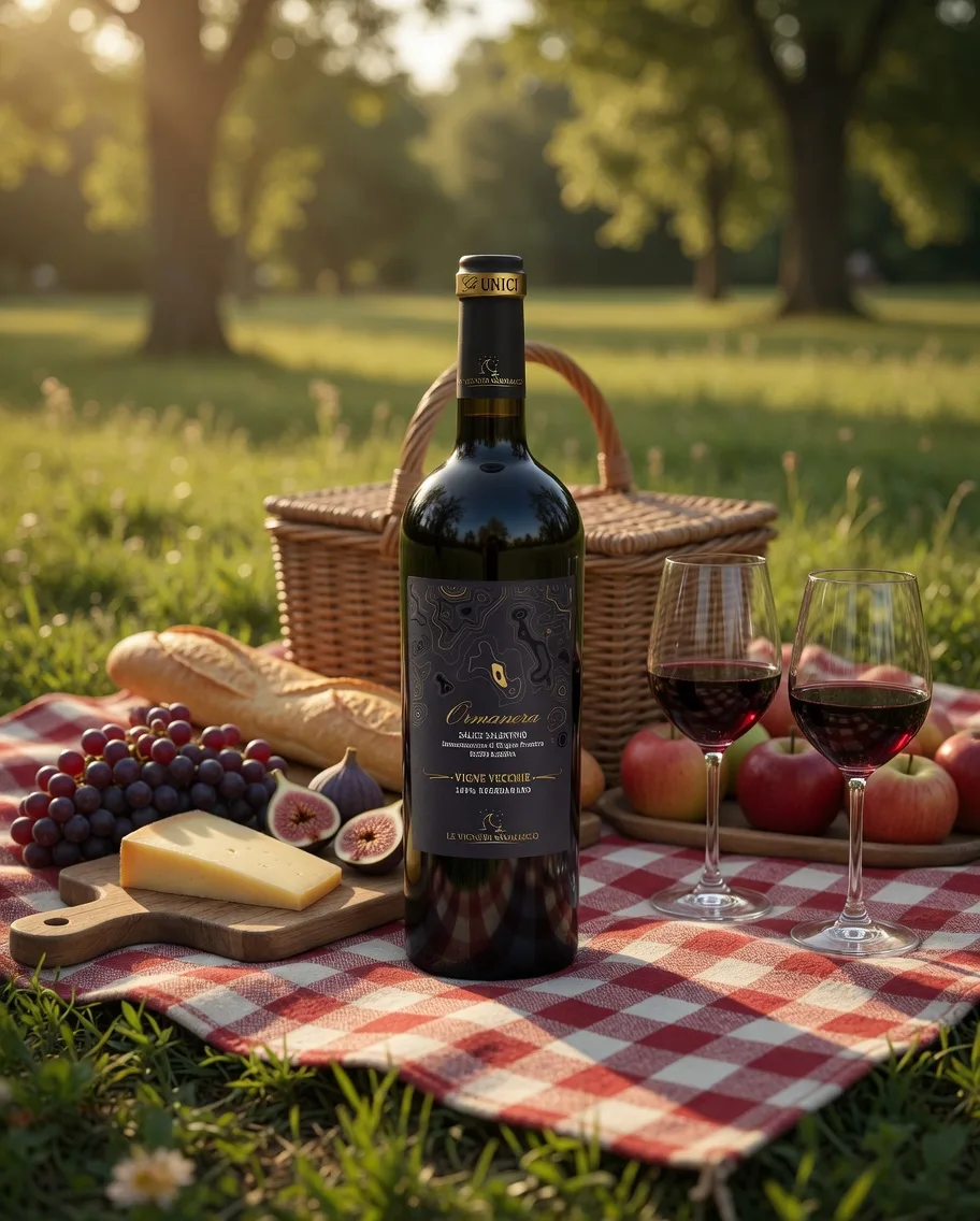 Vang Ormanera cùng phô mai, nho và bánh mì trong buổi picnic