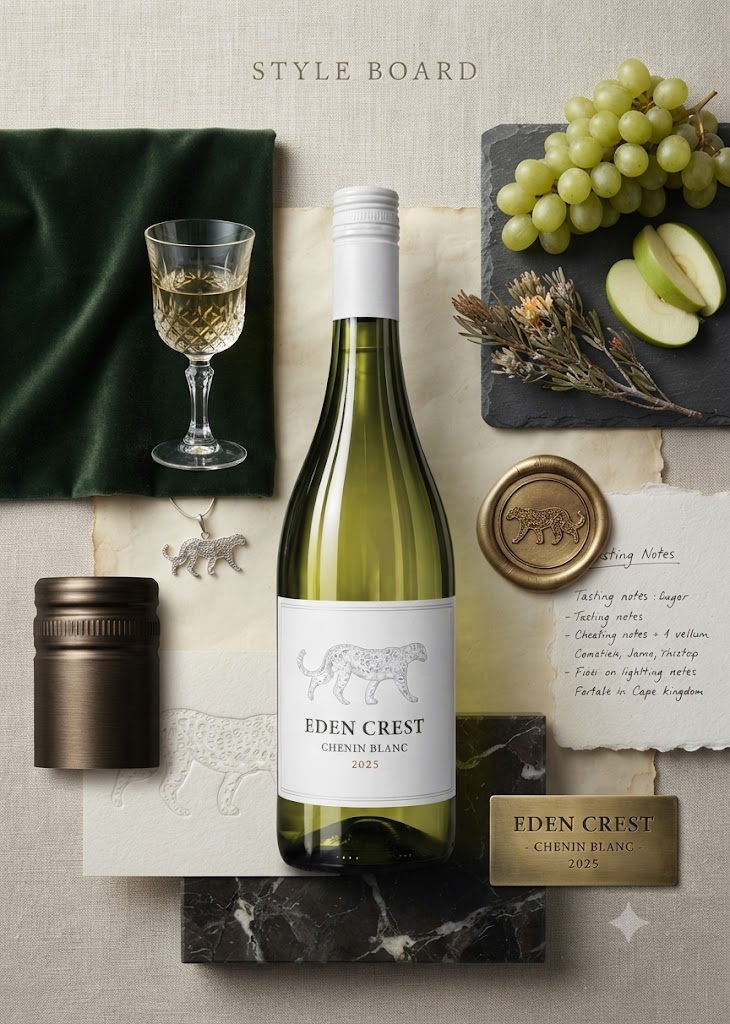 Eden Crest Chenin Blanc cùng ly vang trắng, nho xanh và táo
