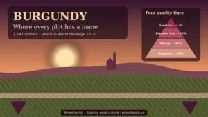 Illustration of Burgundy vineyards at sunset with a stone-walled clos, a village chapel and a pyramid of the four quality tiers: Grand Cru, Premier Cru, Village, Regional