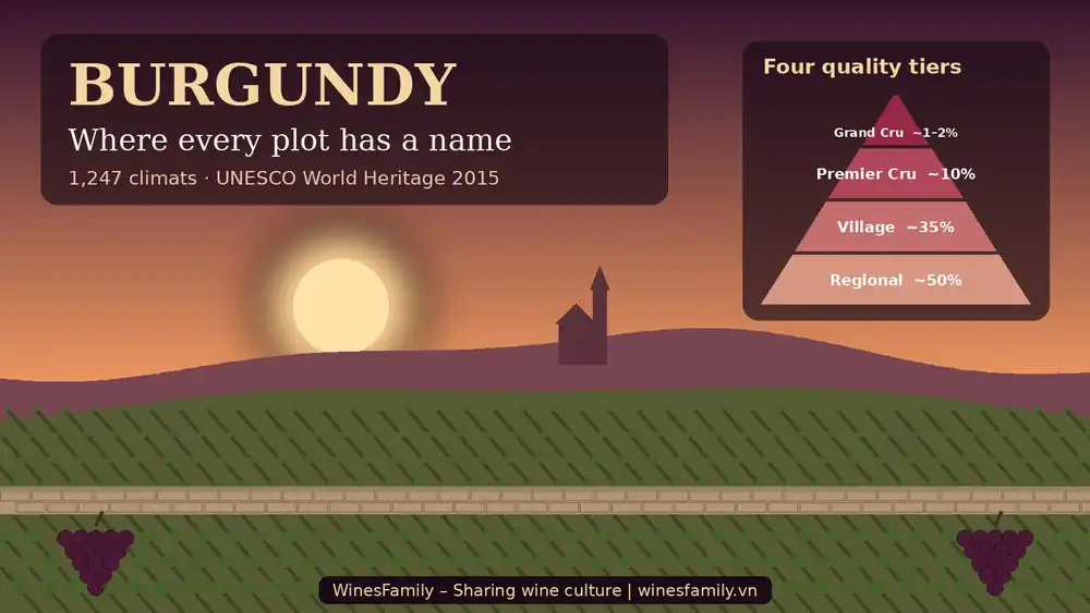 Illustration of Burgundy vineyards at sunset with a stone-walled clos, a village chapel and a pyramid of the four quality tiers: Grand Cru, Premier Cru, Village, Regional