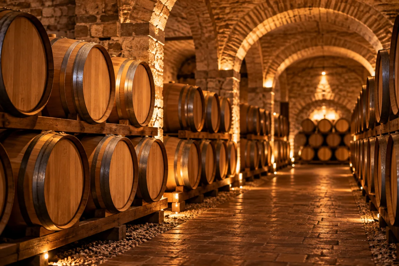Hầm rượu Bordeaux với những hàng thùng gỗ sồi Pháp dưới ánh đèn ấm