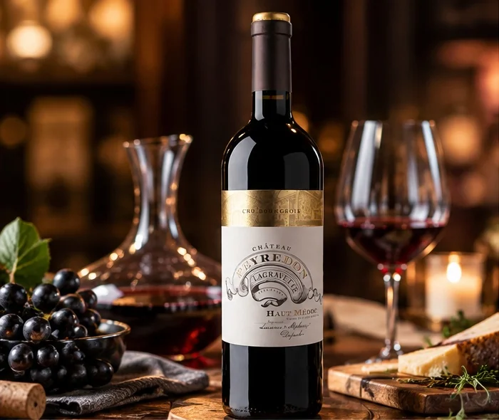 Chai Château Peyredon Lagravette Haut-Médoc bên bình decanter, ly vang đỏ và chùm nho đen