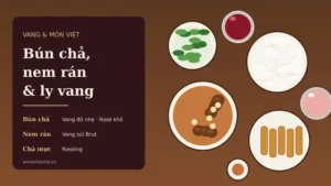 Minh họa bàn ăn trưa Hà Nội với bún chả, nem rán, rau sống cùng ly vang đỏ nhẹ và ly vang hồng