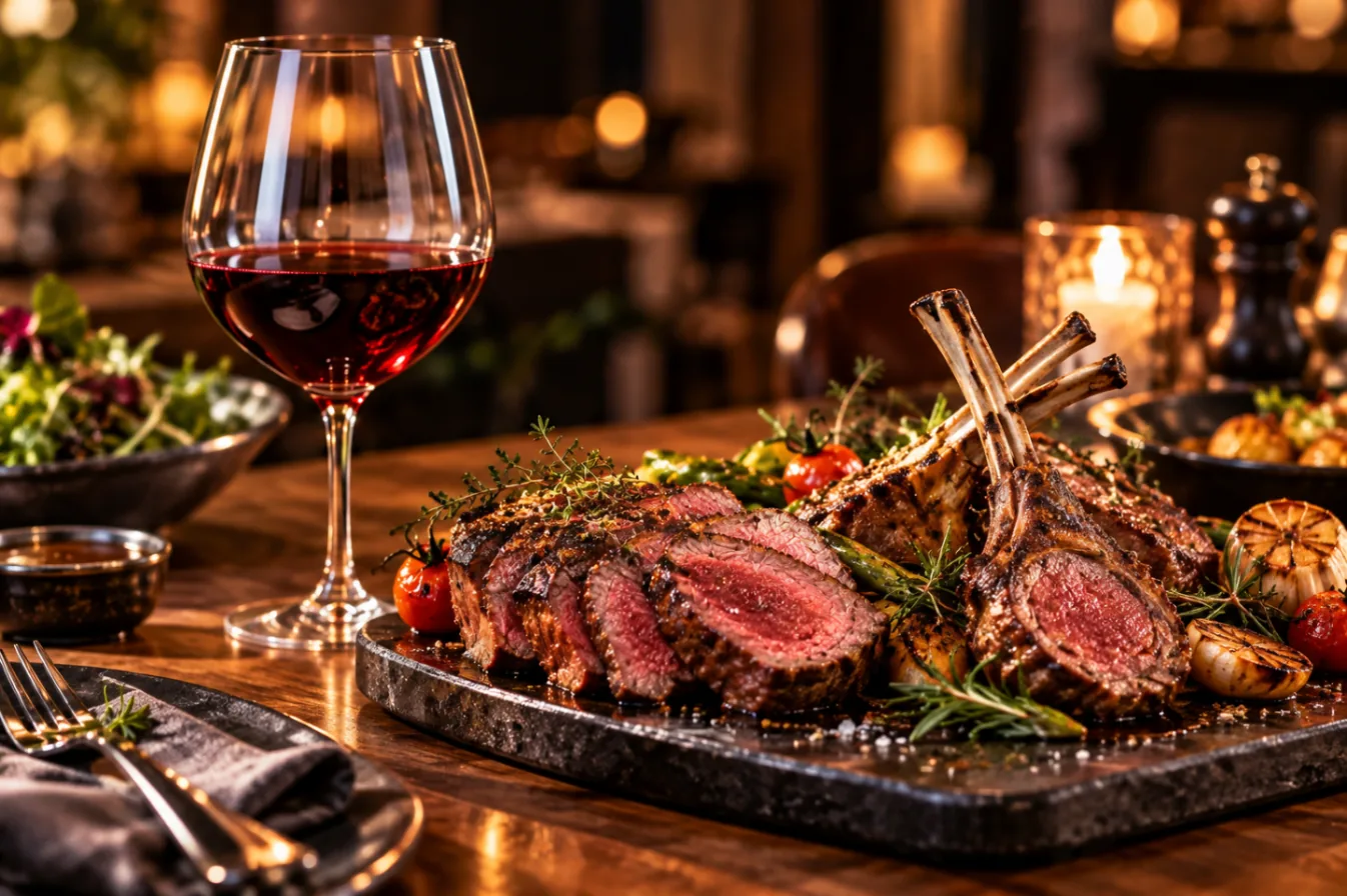 Ly vang đỏ Bordeaux bên thịt bò nướng thái lát và sườn cừu nướng thảo mộc