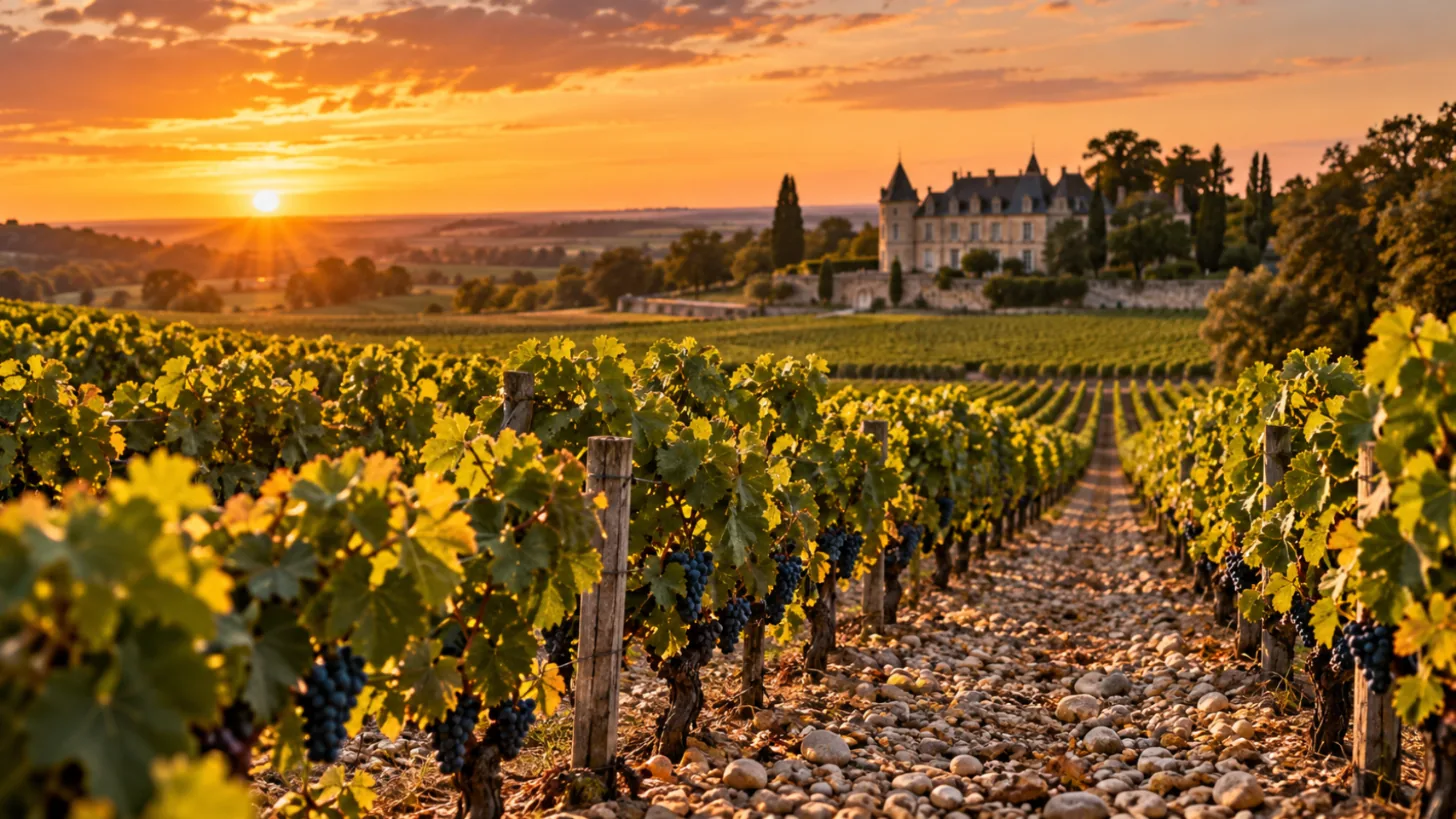 Vườn nho Haut-Médoc trên nền đất sỏi lúc hoàng hôn – Château Peyredon Lagravette Haut-Médoc